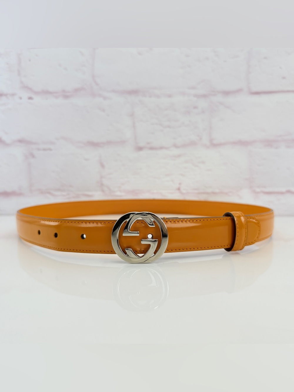 Gucci Orange Patent Leather Double G Buckle Belt 370717 85/34